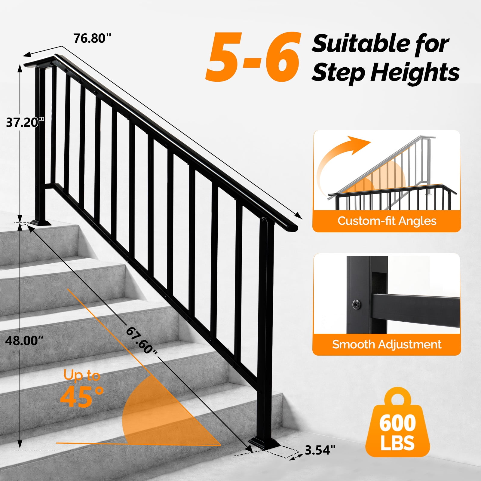 Handrails for Outdoor Steps Fits 5 to 6 Steps