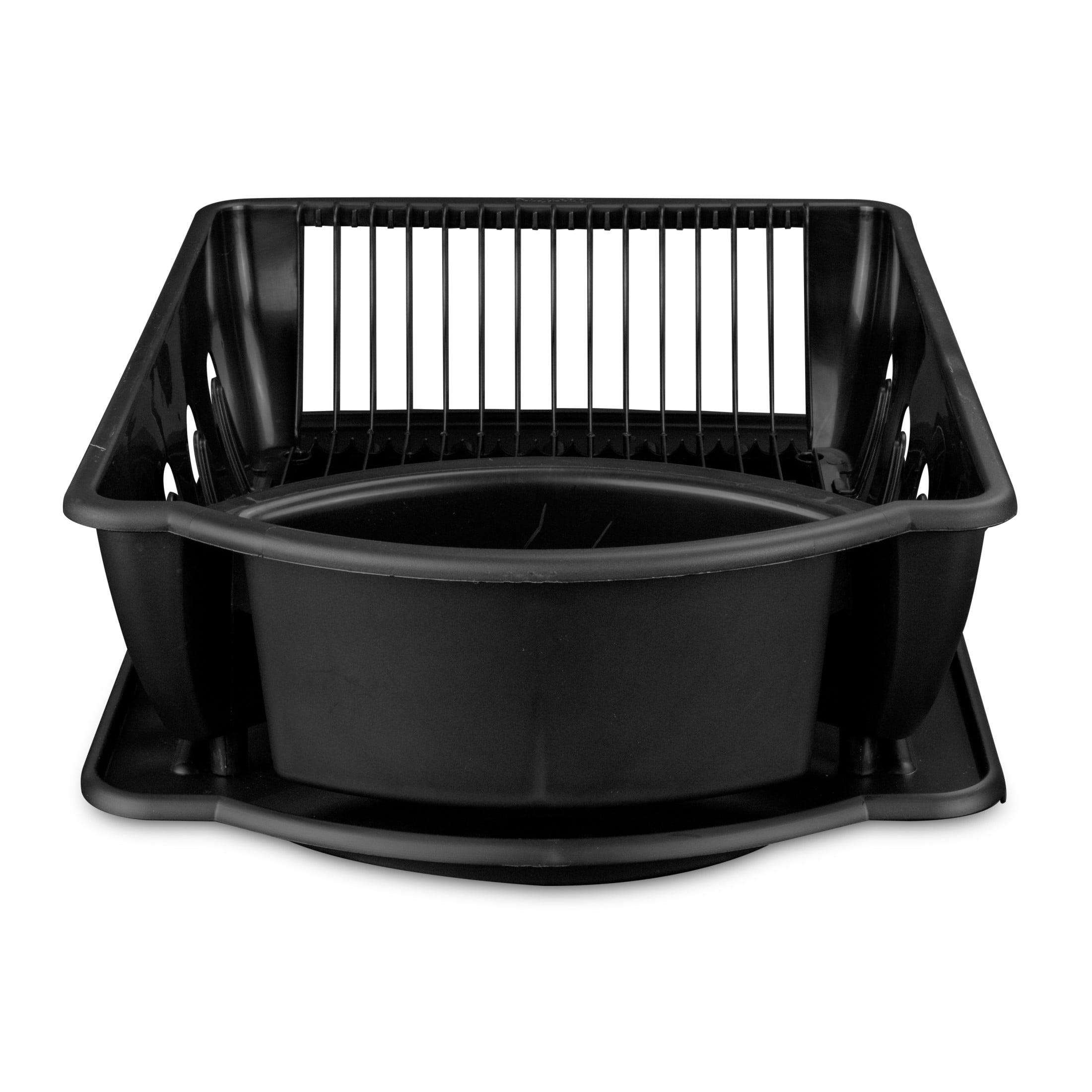 Sterilite Large 2 Piece Sink Set, Dish Drainer and Drainboard for Plates, Cups, and Flatware, Black, 6 Count