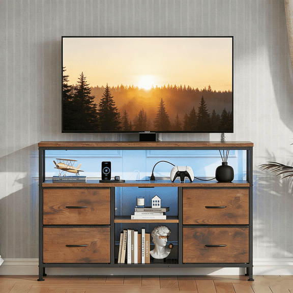TV Stand with 4 Drawers, Media Console with Built-in LED Lights & Power Outlets for 50 Inch TV, Features Adjustable Feet and Open Shelves, Living Room Bedroom Furniture in Brown