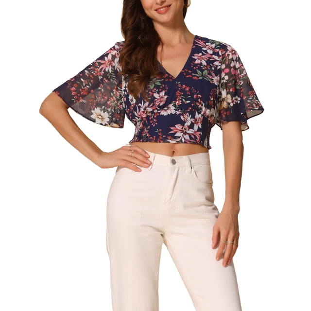 INSPIRAR CHIC Blusas Cortas de Manga Corta con Cuello en V de Verano con Estampado Floral S Azul Oscuro