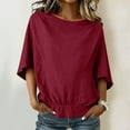 thumbnail image 3 of Craaazy Women's Casual Loose Fit Solid Color Crew Neck Shoulder Pleated Linen Cotton Blend Quarter Sleeve Blouse with Elastic Hem for Daily Wear Gifts, 3 of 9