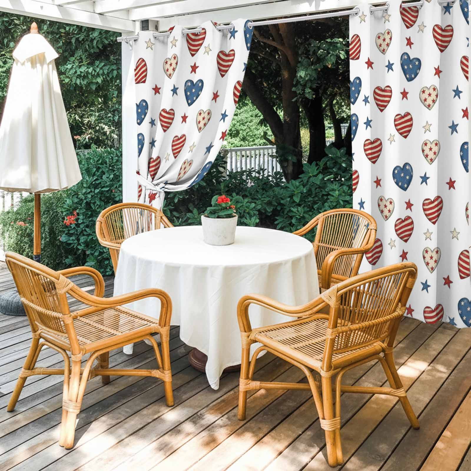 Independence Day Outdoor Curtains for Patio, Patriotic Watercolor Red Stripe Blue Love Heart Star Sunshade Privacy Drapes Grommet Waterproof Outside Curtains for Porch Balcony 54"x108", 1 Panel