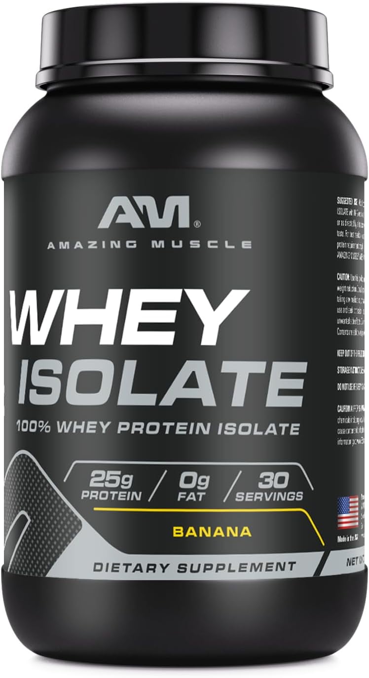 Amazing Muscle Whey Protein Isolate Powder 2Lbs Banana Flavor | 25 Grams Protein Per Serving | 30 Servings Supplement | 100% Whey Isolate | Made in USA