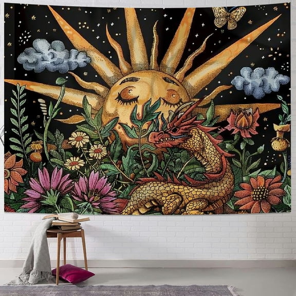 PRATYUS Boho Sun Tapestry for Bedroom Aesthetic, Vintage Mushroom Botanical Plant Art Tapestries Wall Hanging for College Dorm Living Room Decor, Fairy Galaxy Poster Blanket