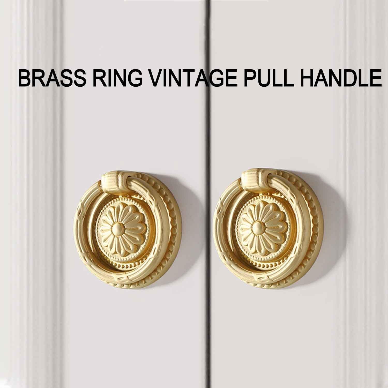 CATPAN Ring Drawer Knobs, Brass Retro Vintage Flower Pattern Brass Cabinet Knobs Dresser Cabinet Pull Ring Gold Cabinet Cupboard Knob for Dresser Drawers Single Hole Knob (2PCS)