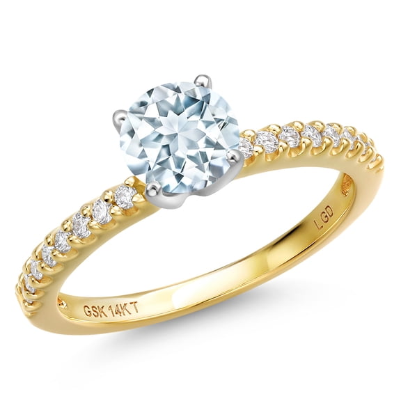 Gem Stone King 14K Two Tone Gold Sky Blue Aquamarine and Lab Grown Diamond Engagement Ring for Women | 0.91 Cttw | Round 6MM | Gemstone March Birthstone | Size 8