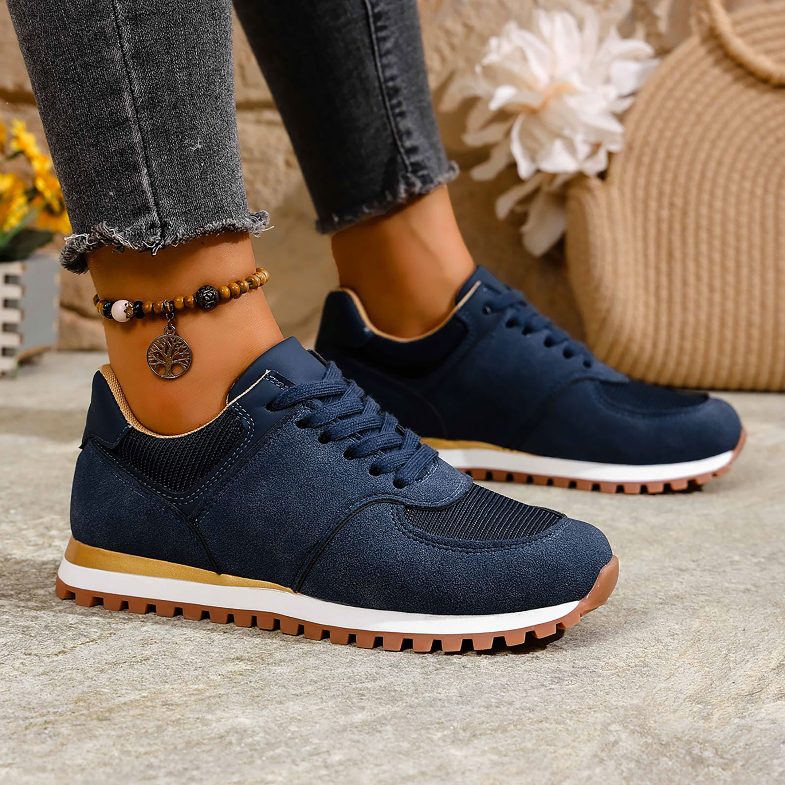 Dakaela Womens Fashion Sneakers 2025 Suede Classic Tennis Running Shoes Lace up Non Slip Trainer Walking Shoes Navy 8.5