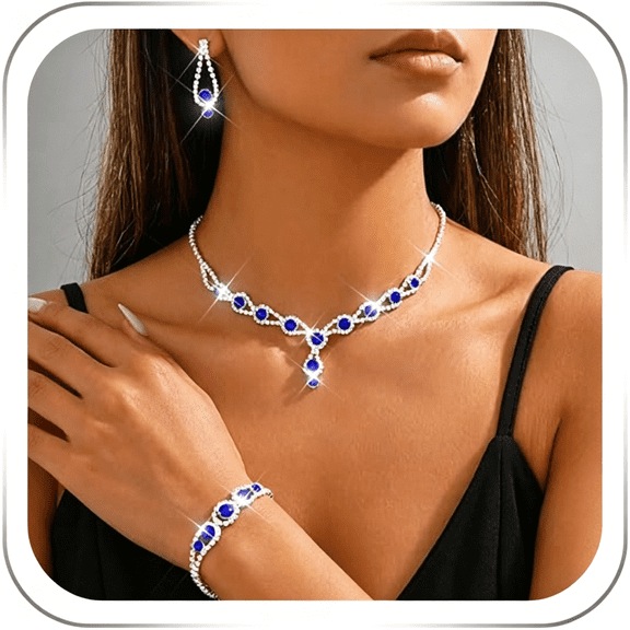 DESIGNICE Royal Blue Jewelry Set Bridal Rhinestone Necklace Earrings Bracelet Sets Wedding Costume Jewelry for Women