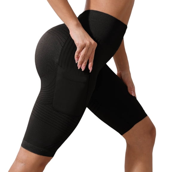 Women's High Waist Seamless Yoga Shorts with Pockets, Lifting Workout Bottoms,Black,L
