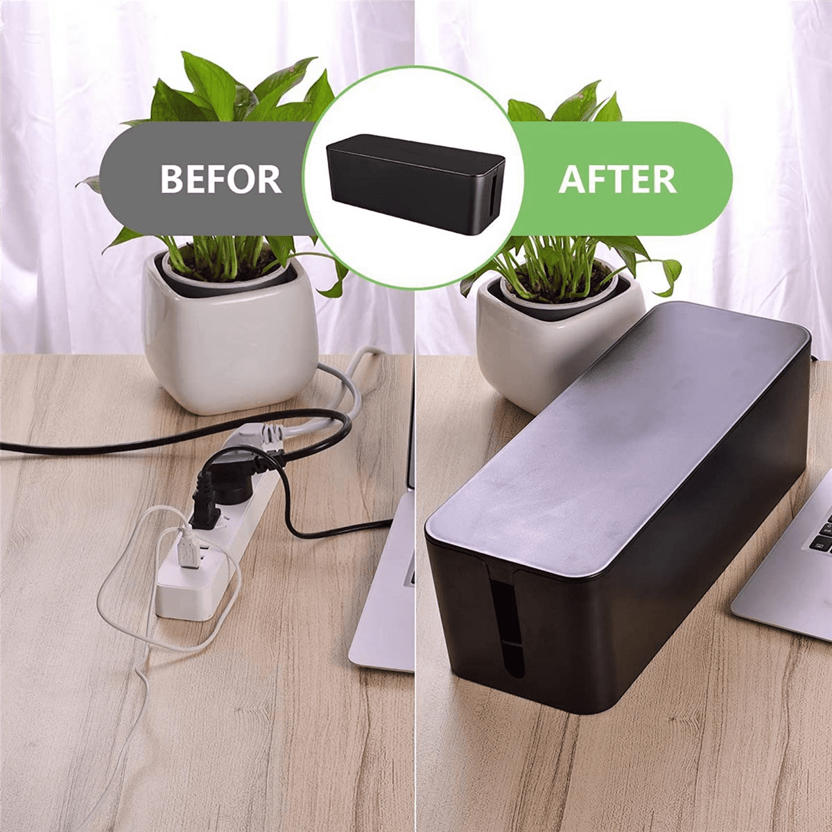 3X Cable Management Box, Wire Storage Box, Used to Hide the Power Strip, Suitable for Home/Office (Black)