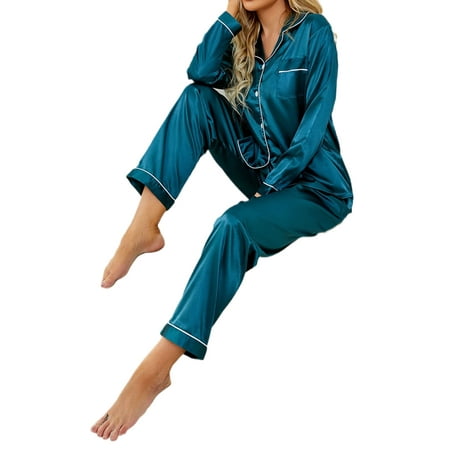 

Women s Satin Pajamas Long Sleeve Sleepwear 2 Pcs Pj Set M
