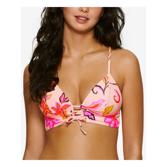 HULA HONEY Women's Multi Color Floral Push-Up Adjustable Tie Lace-Up Midkini Deep V Neck Molded Cup Endless Tropical Swimsuit Top XS