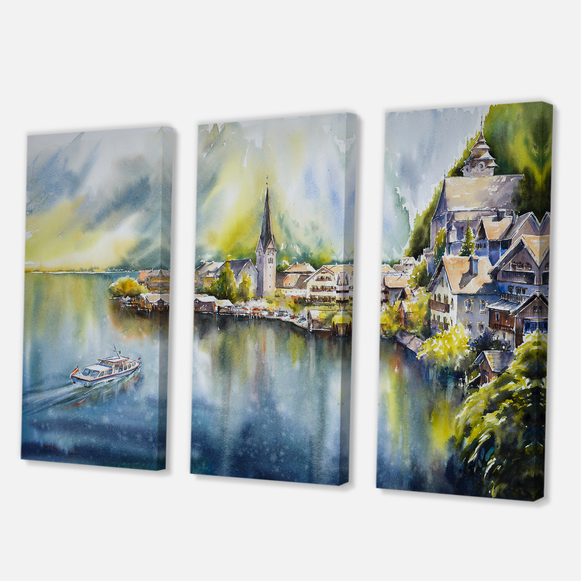 Designart ' The River In Austria Through Mountain Village ' Nautical & Coastal Canvas Wall Art Print