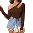 thumbnail image 3 of Camiseta de Mujer con Cuello Asimétrico, Hombros Descubiertos, Larga, Acanalada, Ajustada, para Salir, con un Solo Hombro Marrón Oscuro XL, 3 of 10