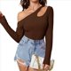 thumbnail image 3 of Camiseta de Mujer con Cuello Asimétrico, Hombros Descubiertos, Larga, Acanalada, Ajustada, para Salir, con un Solo Hombro Marrón Oscuro XL, 3 of 10