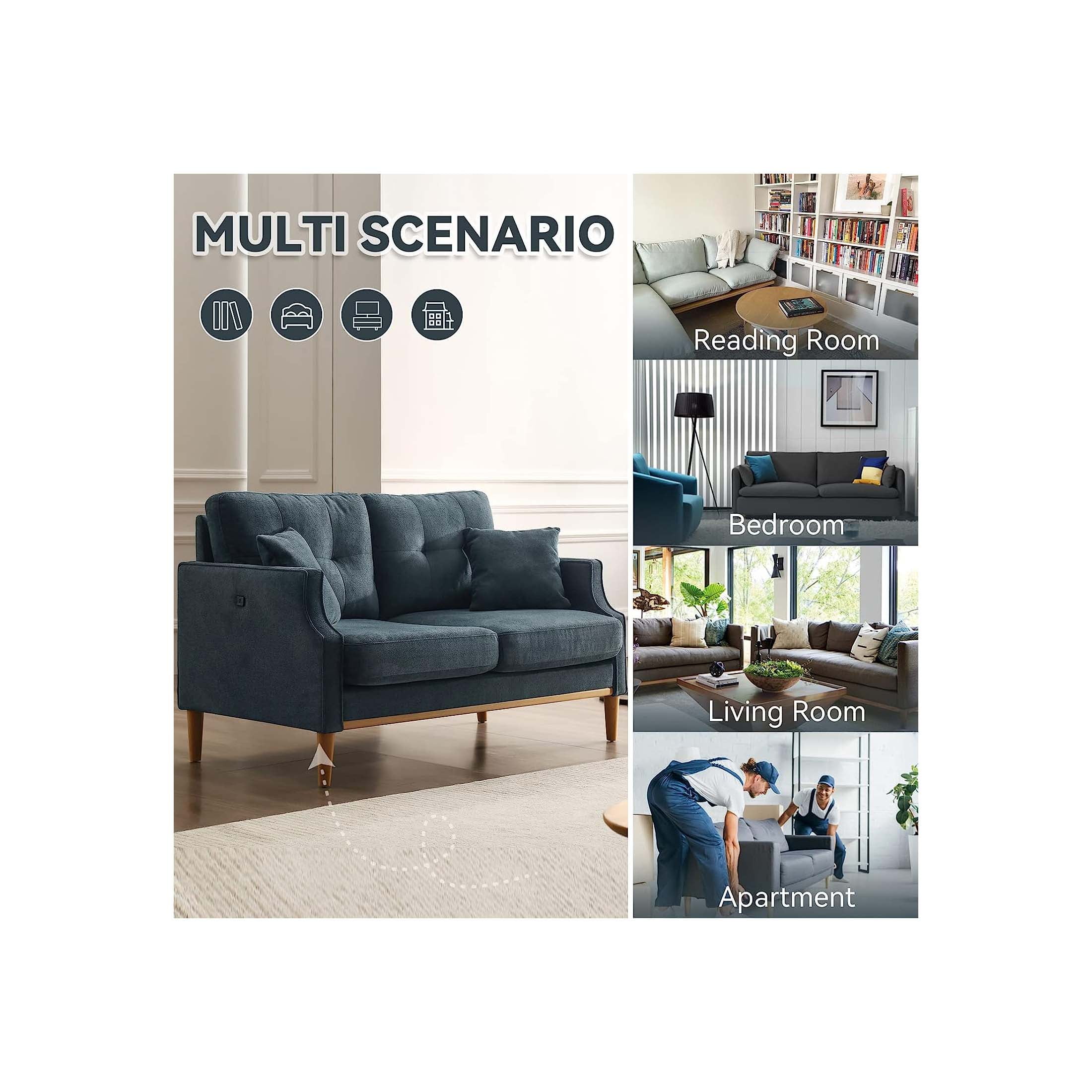 DEALTOPS Small Couch with 2 Pillows, 57'' Accent Loveseat Sofa, Comfy Blue Couch for Living Room, Bedroom