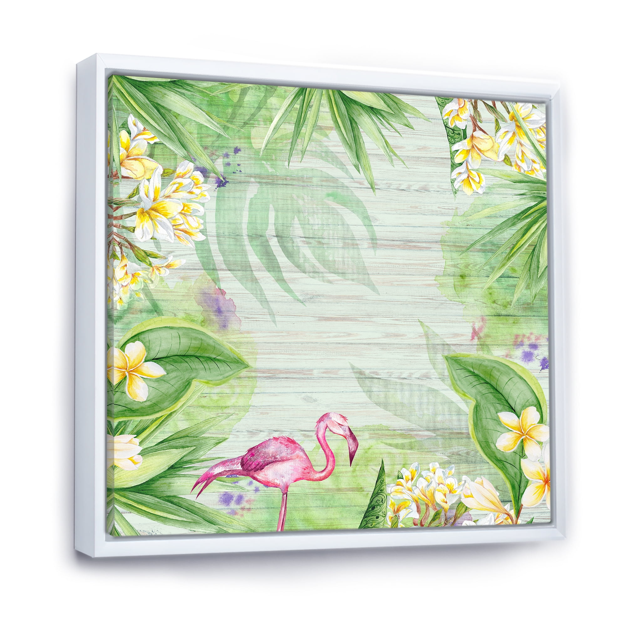 Designart 'Yellow Flowers, Tropical Foliage With Flamingo I' Modern Framed Canvas Wall Art Print