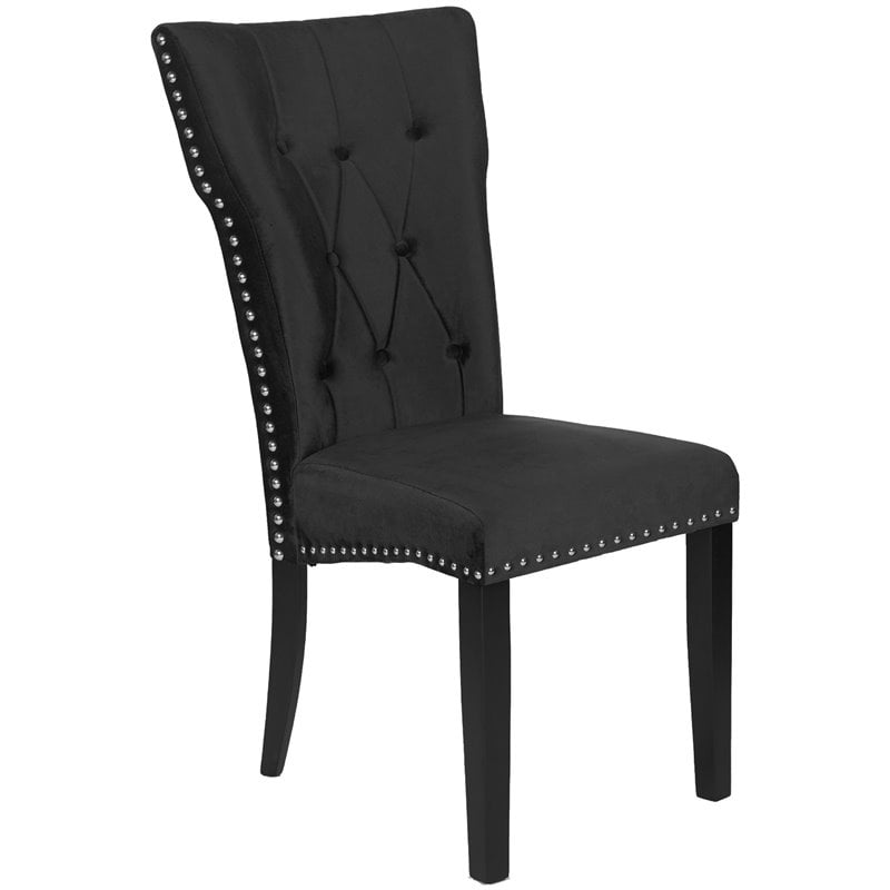 Pemberly Row Contemporary Velvet Tufted Dining Chair Set of 2 in Black