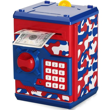 ATM Piggy Bank with Password and Auto Grab Bill Slot (Camouflage Red Blue)