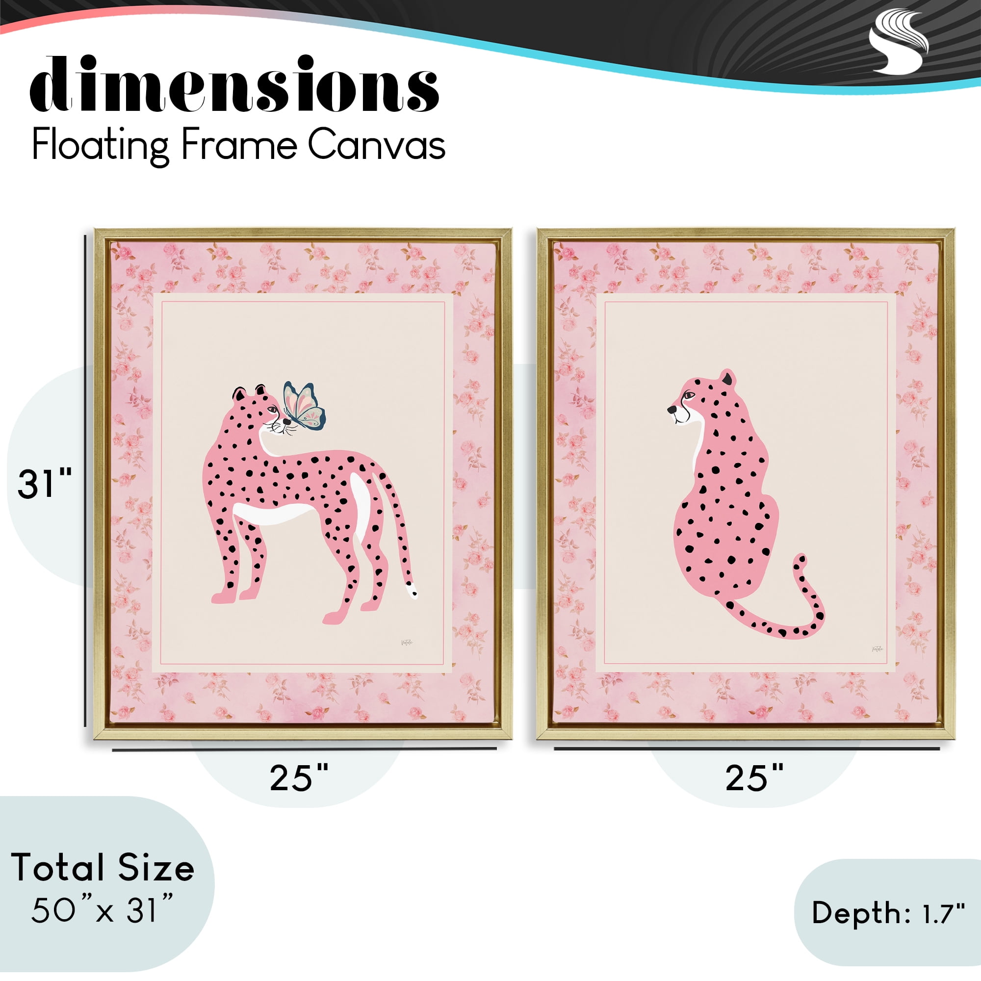 Stupell Industries Pink Leopard & Floral Border 2 Piece Gold Framed Floater Canvas Set, design by Natalie Carpentieri