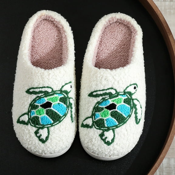 WOYY Women's Winter Slippers Turtle Embroidery Warm Slippers Cute Comfort House Shoes