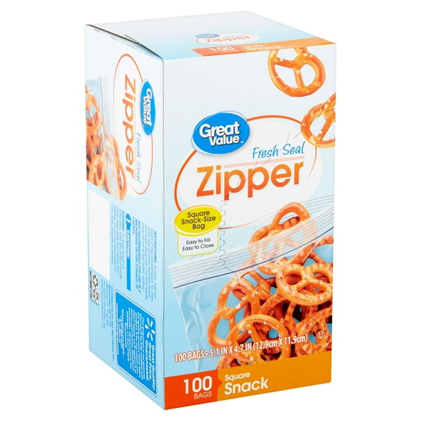 Great Value Zipper Square Snack Bags, 100 Count