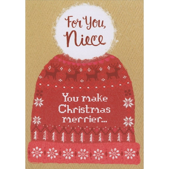 Designer Greetings Knit Red Christmas Hat Decorated with Reindeer, Snowflakes and Trees Christmas Card for Teen / Teenage Niece