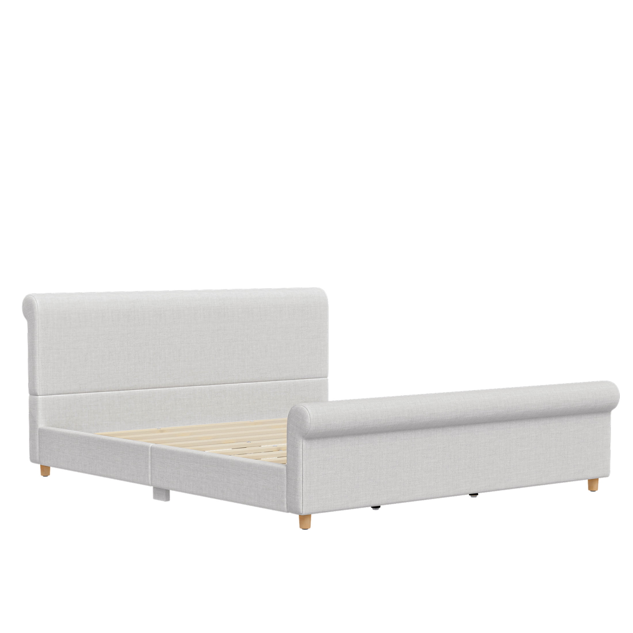 GDF Studio Flora King Size Upholstered Sleigh Bed Frame with High Headboard, Solid Wood Legs & Slats Support, Beige