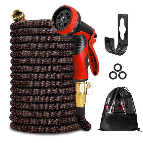 Kotto 50 ft Flexible Garden Hose, Water Hose for Outside with 10 Spray Nozzles, Brass Connector, Leak-Proof, Red