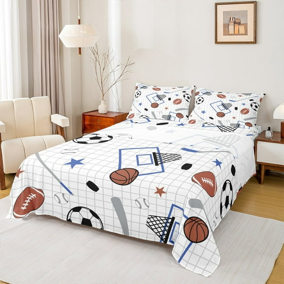 Castle Fairy Soccer Basketball Football 3pcs Twin Sheet Sets for Teenagers,Sport Theme Twin Fitted Sheet,Ball Gamer Breathable Flat Sheet,Super Cozy Room Decor