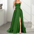 thumbnail image 4 of Quixlent Evening Dress Spaghetti Strap High Slit Off Shoulder Backless Sleeveless Side Pockets A-line Floor Length Satin Pure Color Prom Banquet Party Maxi Dress, 4 of 8