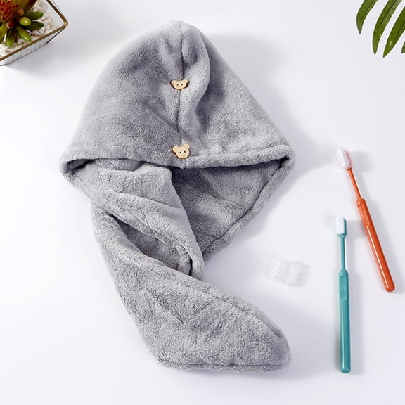 ETEREAUTY 2-Pack Quick Dry Coral Fleece Hair Towels with Button Closure, Soft Hair Wrap Turbans in Light Grey