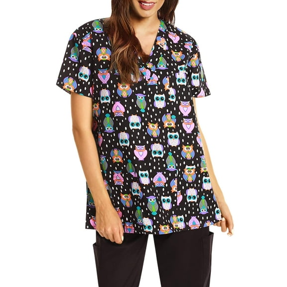 Just Love Women's Scrub Tops (Black - Hoot Hoot Owl, Small)