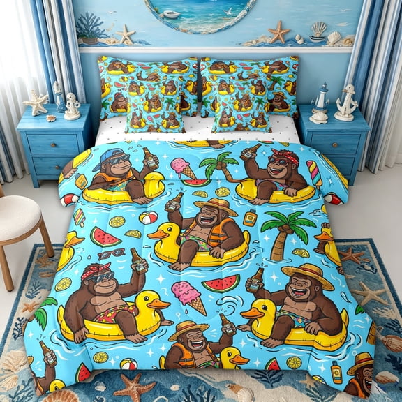 spefrowx Cartoon Summer Gorilla Twin Bedding for Teens, Kawaii Duck Pool Bedding Comforter Set, Reversible, 7 Pieces
