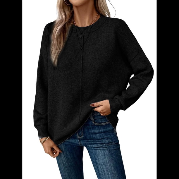 Suéteres de Mujer de Otoño, Informales, de Larga, Ligeros, de Gran Tamaño, Tipo Pulóver Negro L