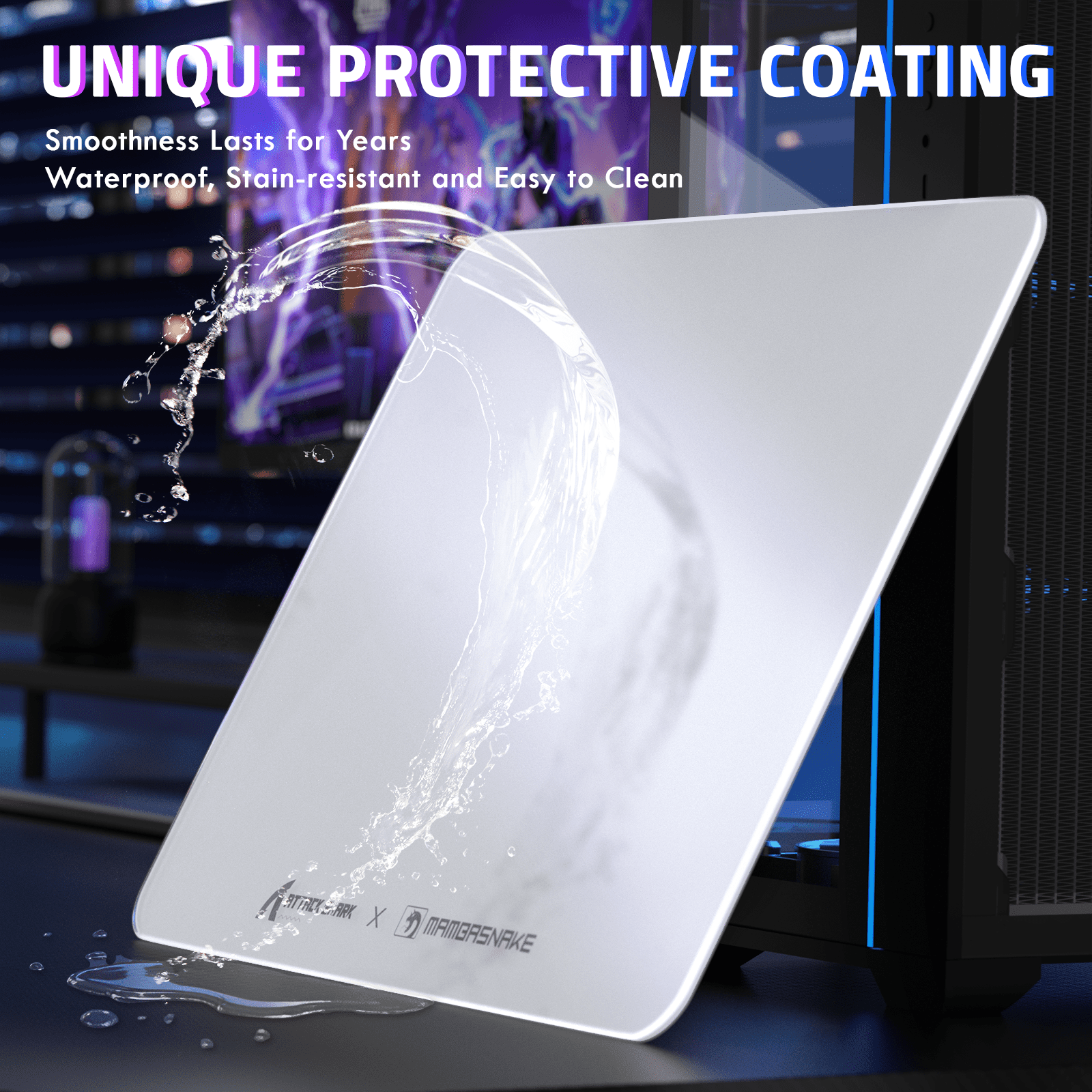 ATTACK SHARK CM05 SE Tempered Glass Mouse Pad, 16.1''×12.2'' Large Hard Gaming Mouse Pad, Nano-Etched Surface, 9H Anti-Scratch, Anti-Slip Base, White