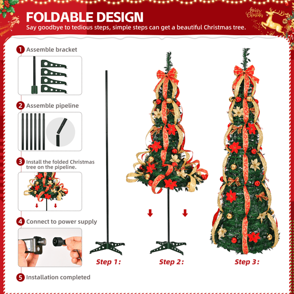 Alvantor 6 ft Fully Decorated Pre-Lit Pop-Up Christmas Tree with 150 Warm White LEDs, 8 Light Modes, Red and Gold Ornaments