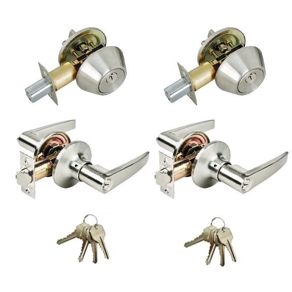 Stainless Steel Entry Door Handle Combo Lock Set with Deadbolt and 8 KW1 Keys Total (2-Pack, Keyed Alike)