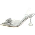 thumbnail image 2 of Berness Women’s Clear Heels – Transparent PVC Strap Rhinestone Bow Pointed Toe Pumps, Kitten Heel Slip-On Mule Formal Dress Shoes for Wedding Party Evening NINA05 Silver 6, 2 of 5
