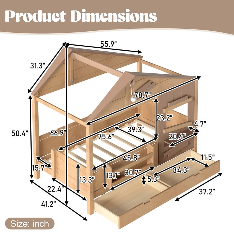 Twin House-Shaped Kid's Bed with Built-in Bookshelf & Light Bulb, Wooden Platform Bed Frame with 2 Drawers & 5 Round Hooks