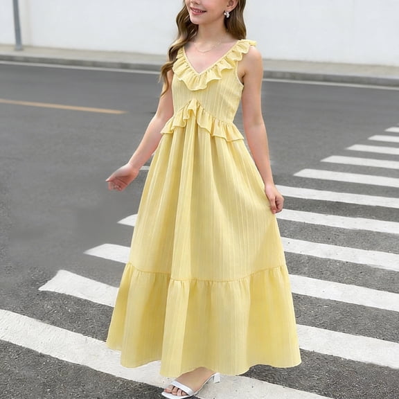 Girls Yellow Boho Ruffle Maxi Dress Sleeveless V-Neck Summer Party Dress for Teens Kids 8-17,Size 8-9T
