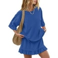 thumbnail image 3 of Kilaqueen Two Piece Sets for Women Crew Neck Short Sleeve Tops and Flowy Pleated Skirts Solid Color Beach Vacation Outfits Set, 3 of 5