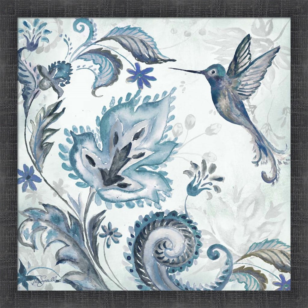 Boho Blue Hummingbird Watercolor Print with Rustic Grey Frame