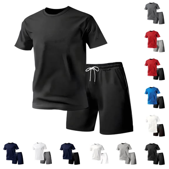 Men's Athletic Sets Solid Casual Sports Round Neck Pullover Short Sleeve Blouse Elastic Waist Pockets Short Pants L