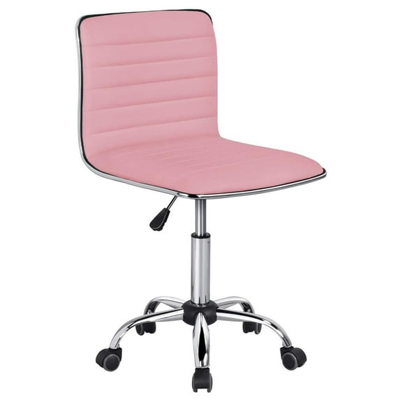 Pink Low Back PU Leather Ribbed Armless Office Chair, Ergonomic Swivel Task Chair with Wheels for Women