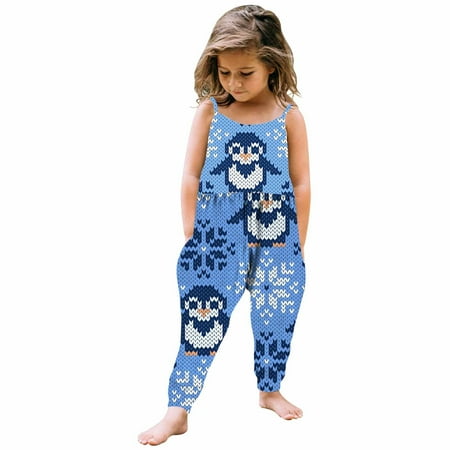 

Christmas Toddler Baby Girl Jumpsuits Cartoon Printing Strap Romper Pants with Pockets