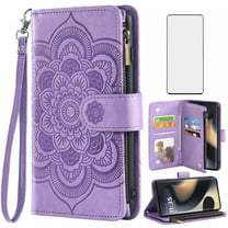 Asuwish Compatible with Motorola Edge 5G 2024 Wallet Phone Case and Tempered Glass Screen Protector Flower Faux Leather Flip Credit Card Holder Stand Zipper Cell Cover for Moto Edge2024 Women Purple