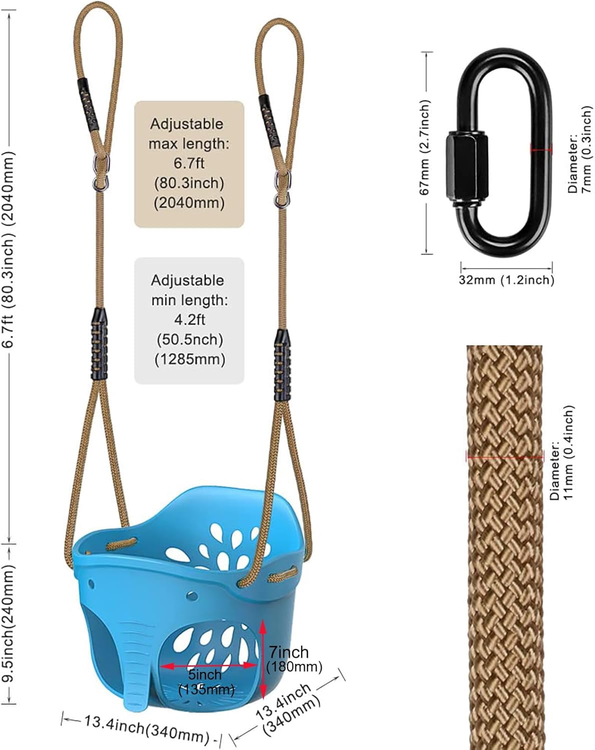 600 LB Weight Capacity Full Bucket Toddler Swing Seat with Adjustable Height Rope from 4.2 to 6.7 FT High Back Bucket Seat Swing for Toddler - Cute Elephant Shape Design