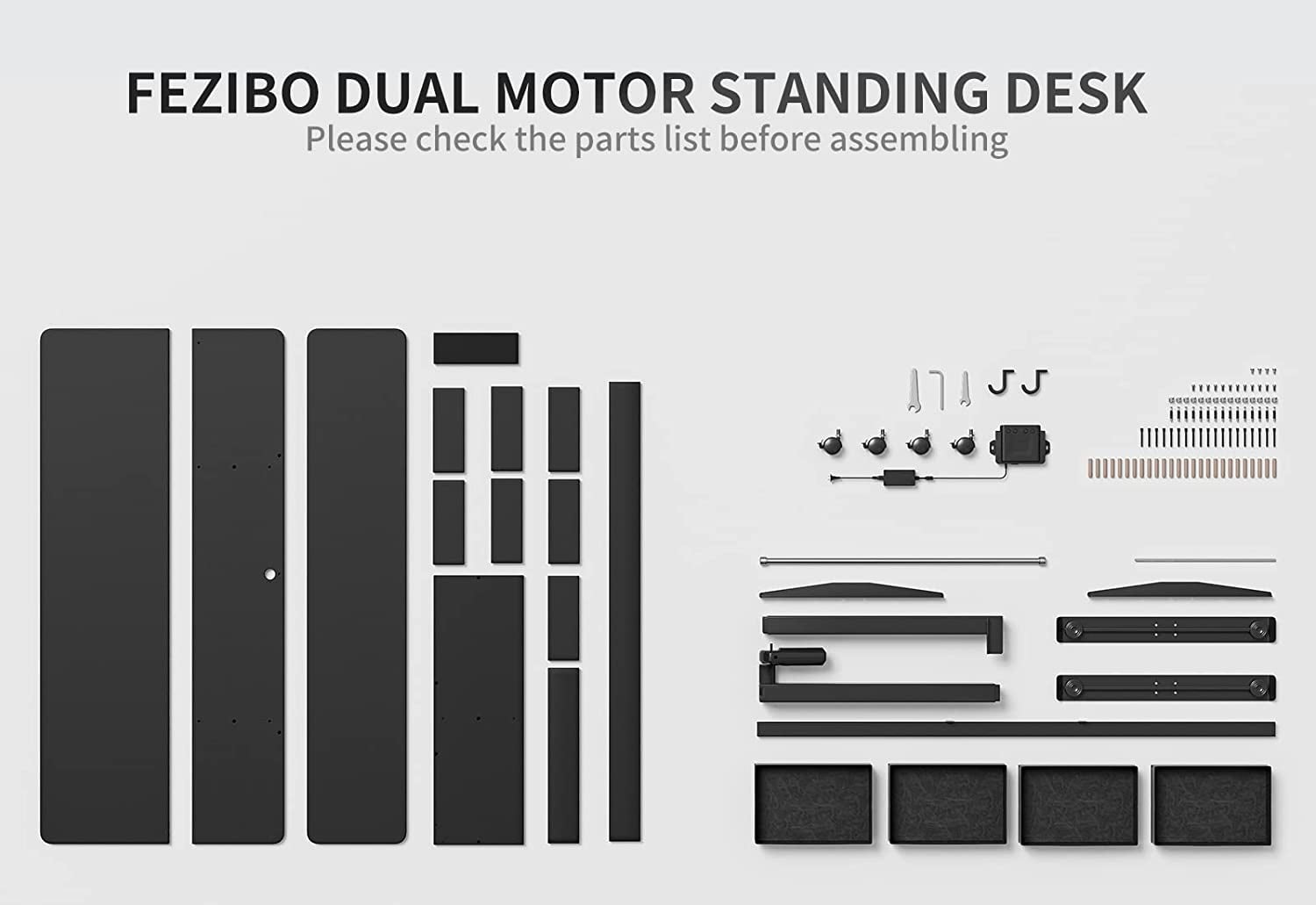 FEZIBO 48 x 24 Inch Height Adjustable Electric Standing Desk with 4 Drawers, Stand Up Table with Storage Shelf, Sit Stand Desk with Splice Board, Black Frame/Black Top