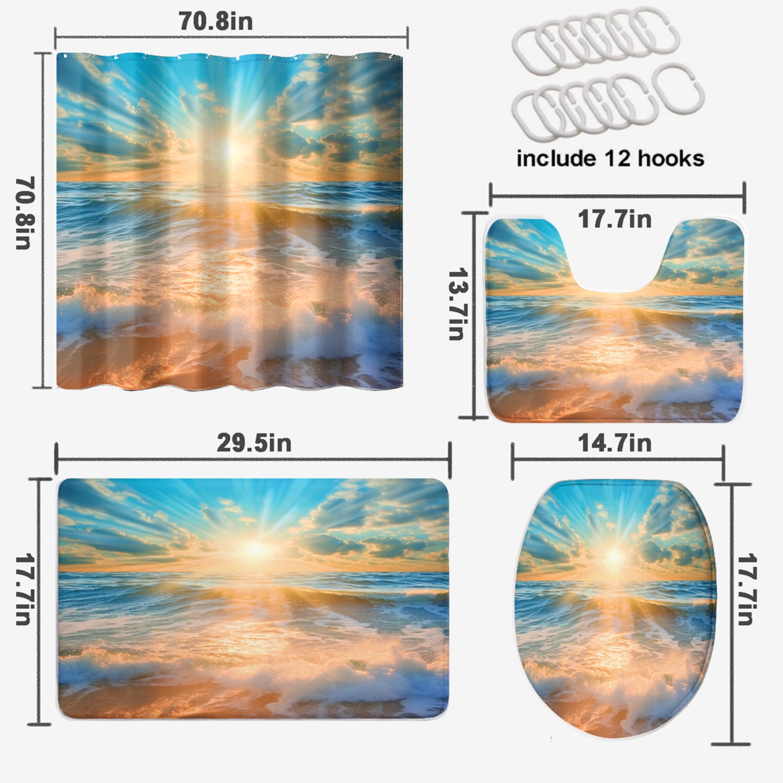 Ocean Shower Curtain Set Beach Theme Sunset View Summer Coastal Seaside Seascape Bathroom Sets Decor Accessories with Non-Slip Rug Toilet Lid Cover Bath Mat and 12 Hooks, 72x72 Inch